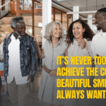 Five smiling adults standing together with text about achieving a confident smile