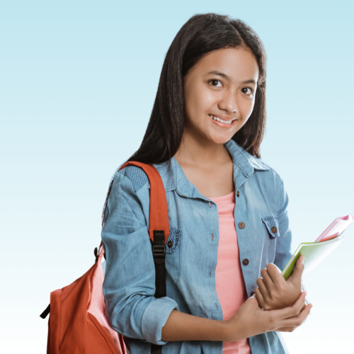 Smiling teen girl with orange backpack holding notebooks